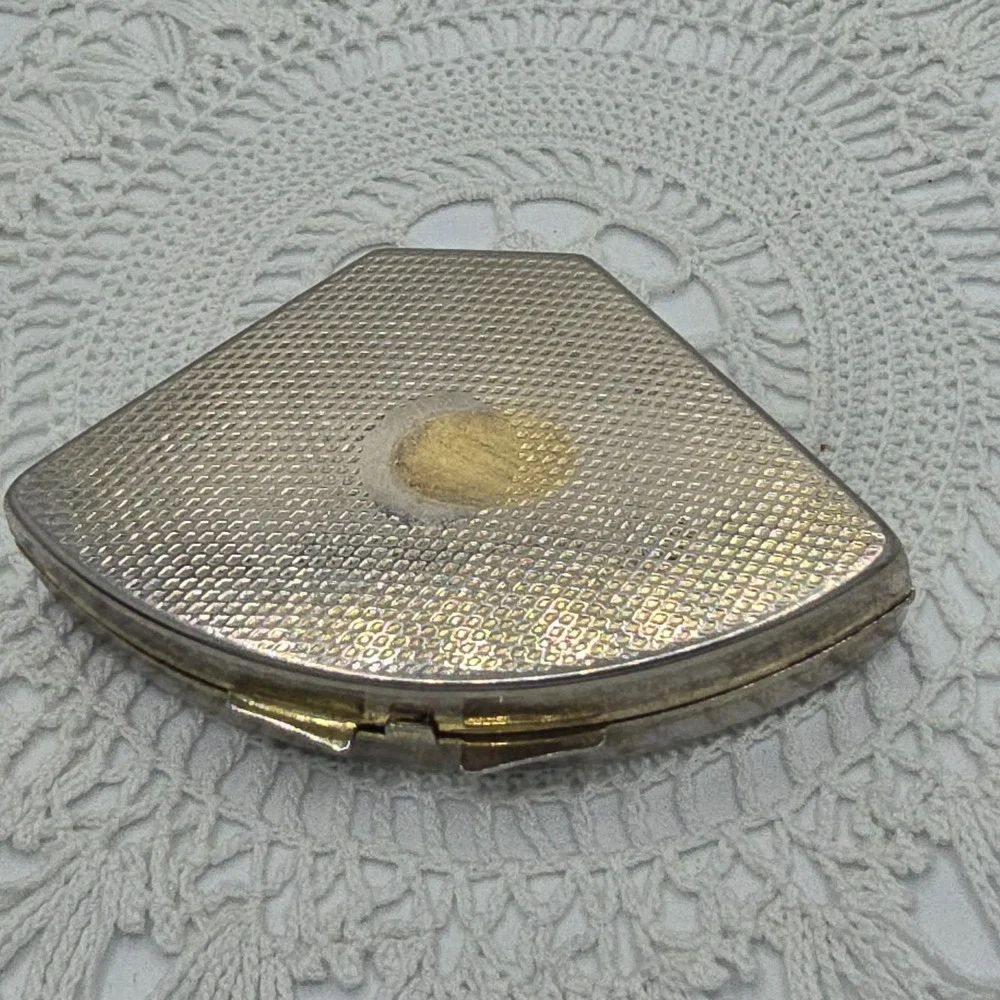 Vintage Pill Box Hong Kong Mixed Metals Gold Tone Sunburst Triangular Compact